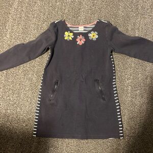 Gymboree Navy Dress with Floral Appliqués and Striped Side Panels